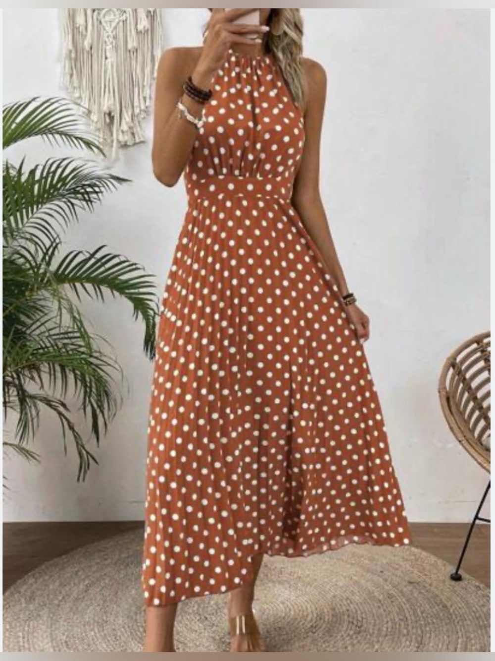 Polka Dot Halter Maxi Dress in Rust with White Dots